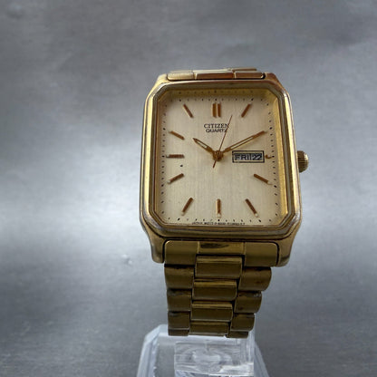 Citizen Tank Watch Men 28mm Champagne Dial Gold Tone Daydate 6000-T25249 New Bat5