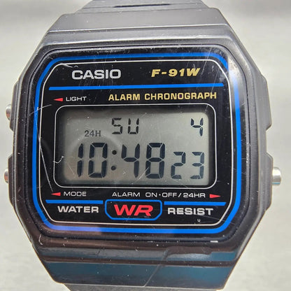 Casio F-91W Digital Watch Men 34mm Black Dial Black Chrono Alarm New Battery1