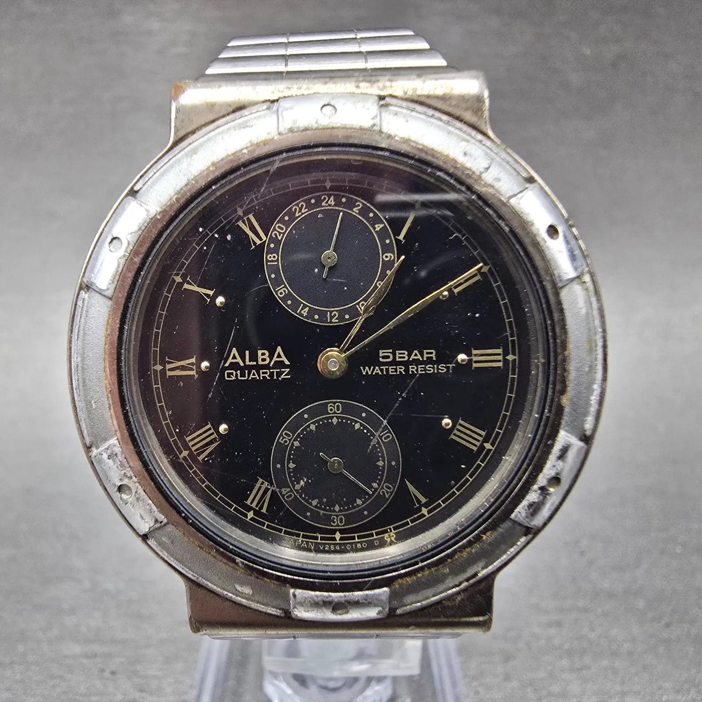 Seiko ALBA Watch Men 34mm Black Dial Silver Tone Round V254-0110 PARTS NO CROWN0