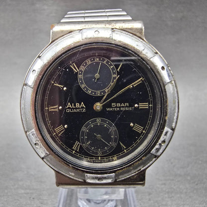 Seiko ALBA Watch Men 34mm Black Dial Silver Tone Round V254-0110 PARTS NO CROWN0