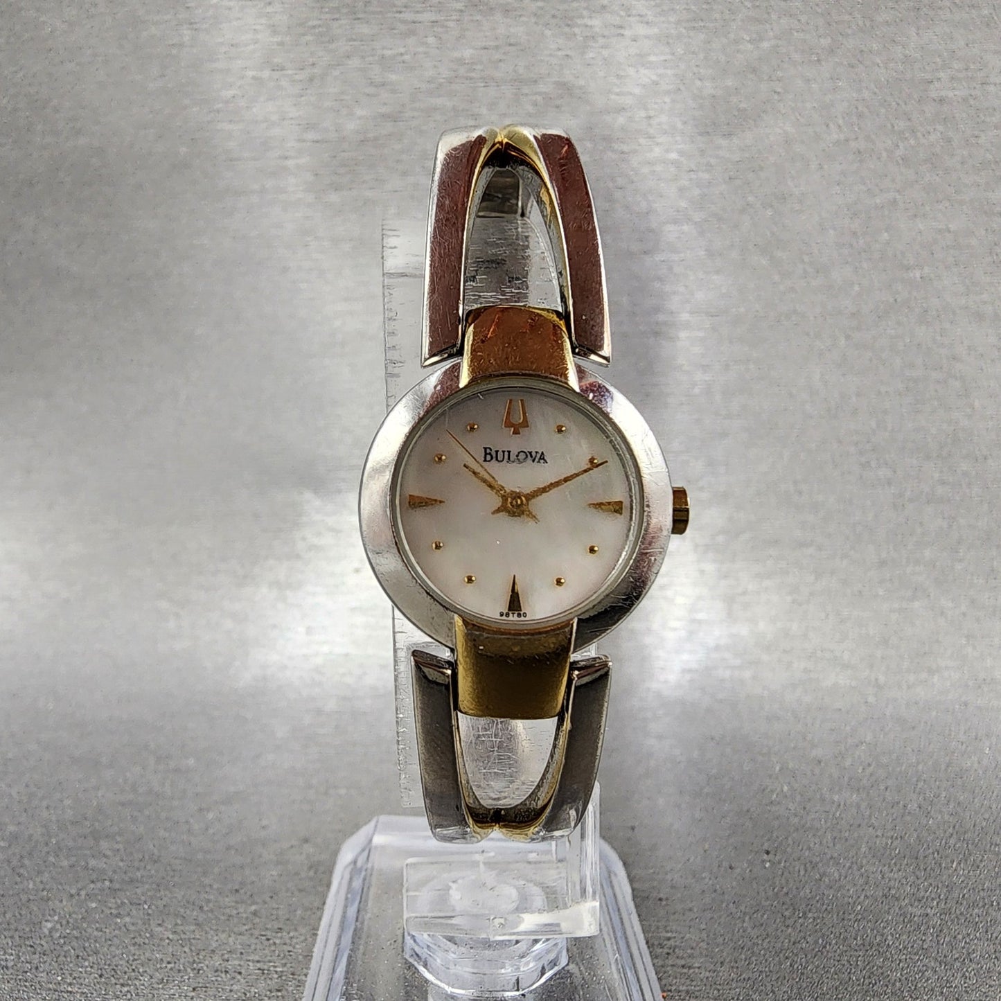 Bulova Watch Women 22mm MOP Dial Two Tone Round 98T80 Bangle New Battery5