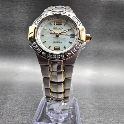 Seiko Coutura Watch Women 26mm MOP Dial Two Tone Date Gemmed 7N82-0CG0 New Batt5
