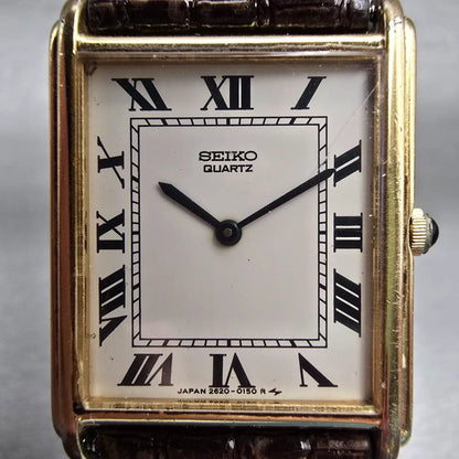 Seiko Tank Watch Men 26mm White Dial Gold Tone Rectangle 2620-5580 New Battery1