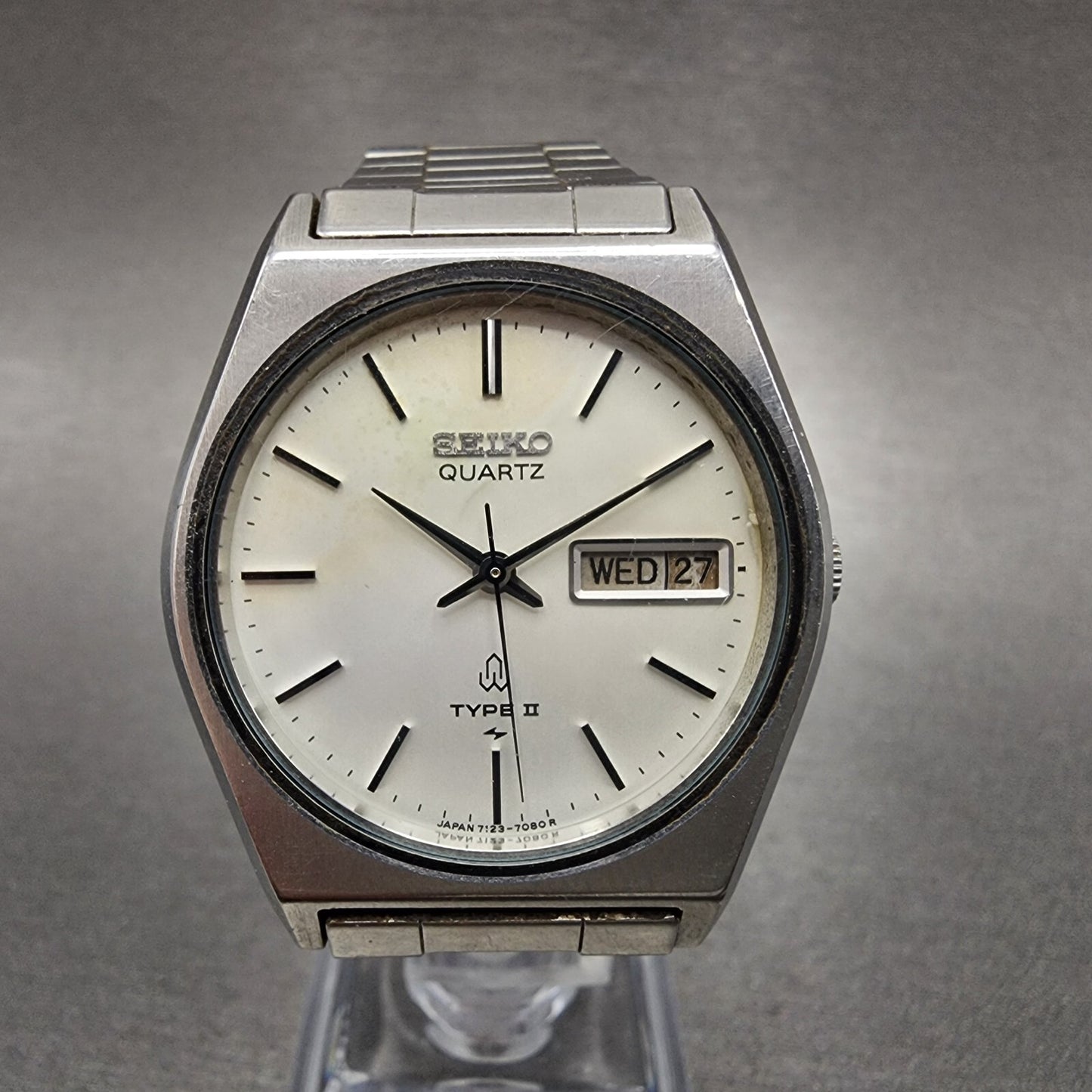 Seiko Type II Watch Men 34mm Silver Dial Silver Tone Daydate 7123-7080 PARTS