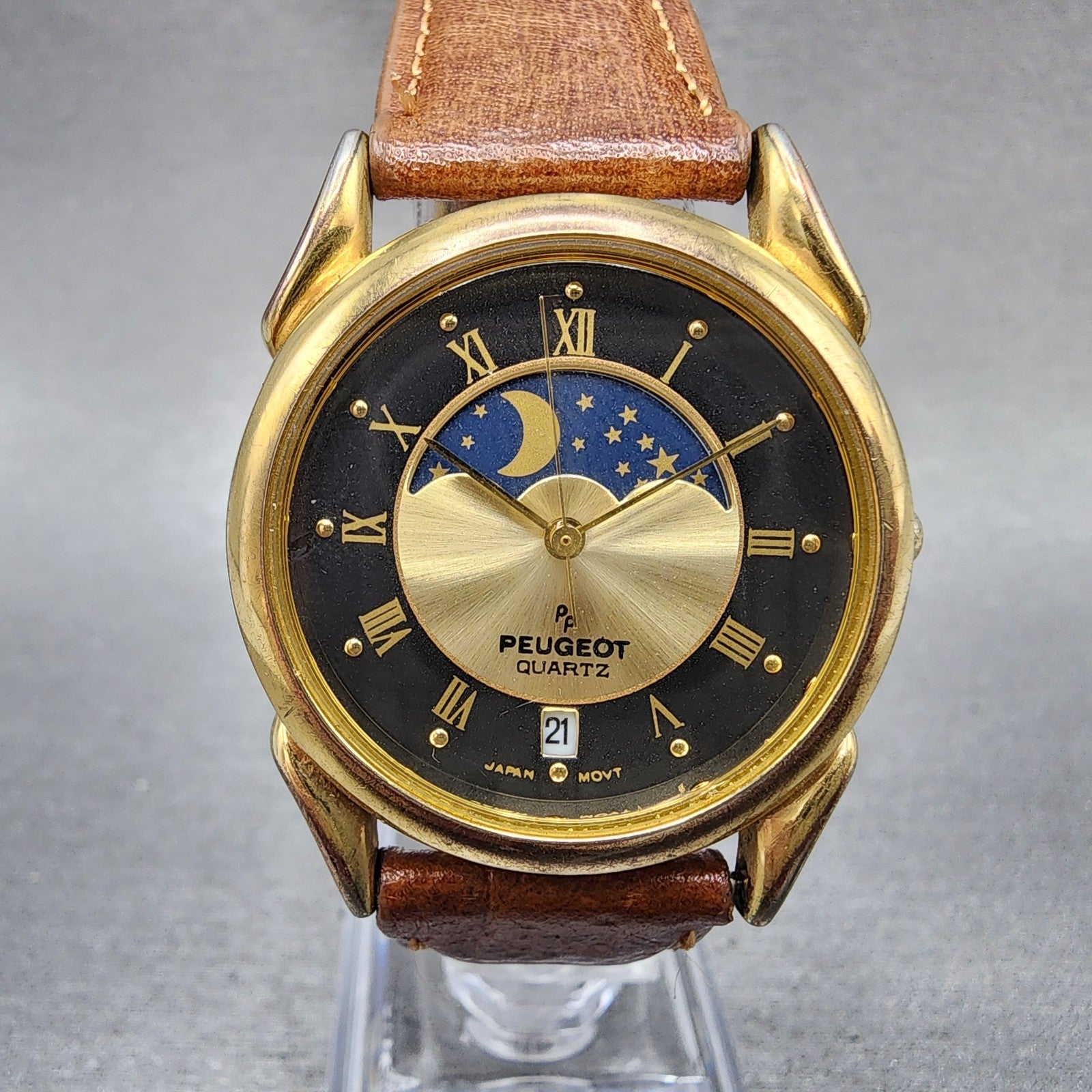 Peugeot Moonphase Watch Women 32mm Black Dial Gold Tone Date New Battery0