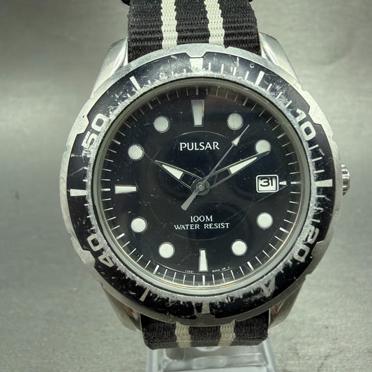 Seiko Pulsar Dive Watch Men 42mm Black Dial Silver Tone Date VX42-X062 New Batt0