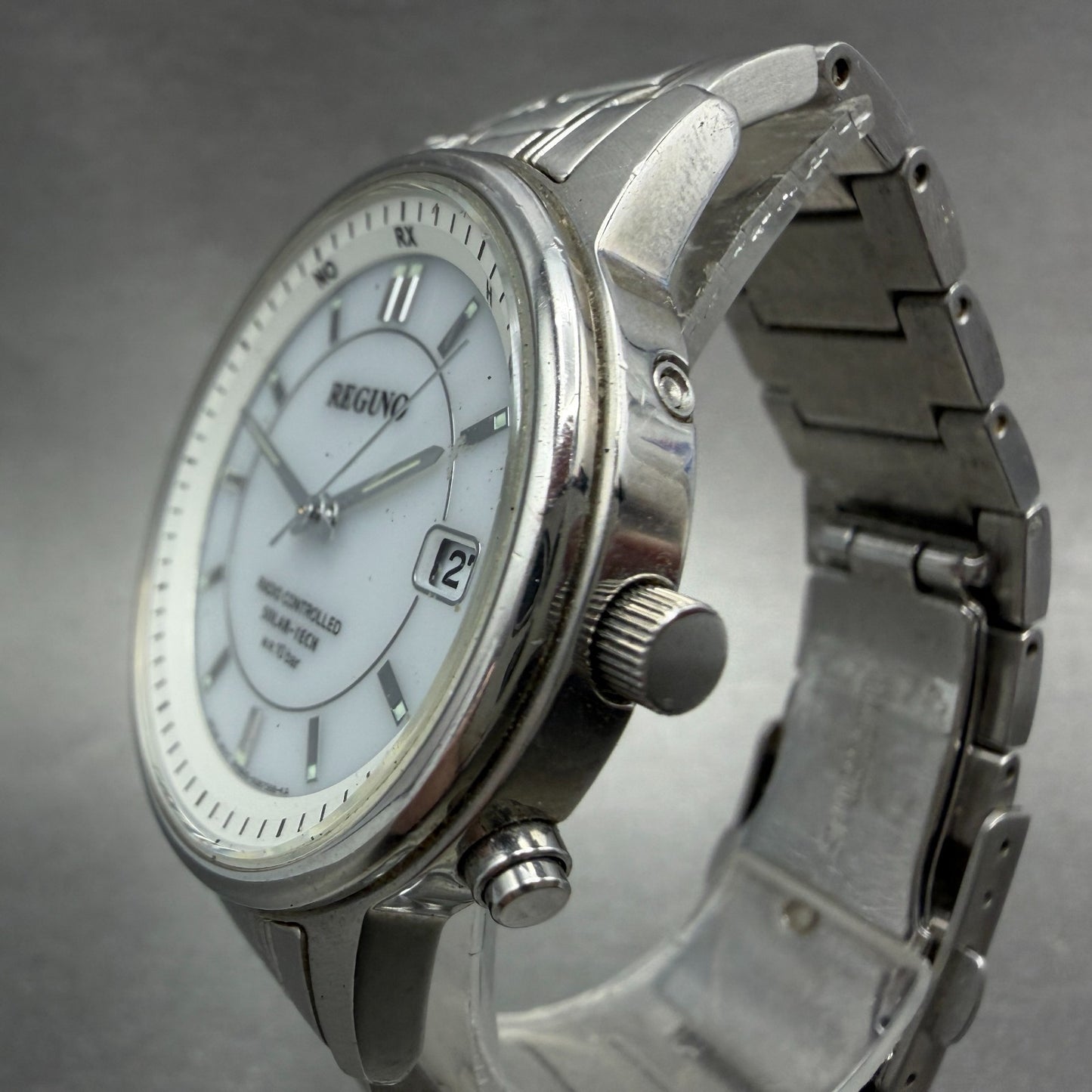 Citizen Reguno Watch Men 36mm White Dial Silver Tone Solar Radio controlled Runs3