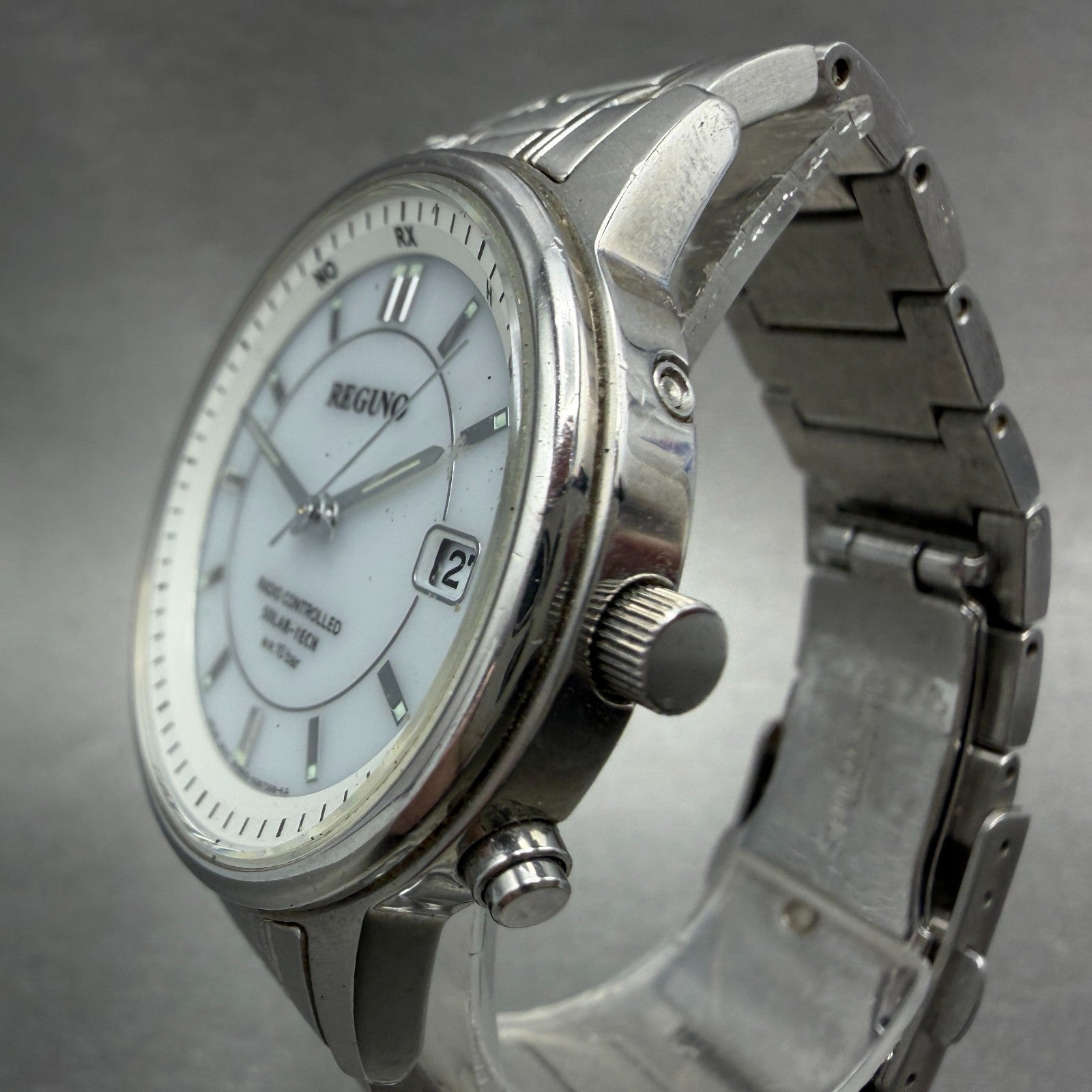 Citizen Reguno Watch Men 36mm White Dial Silver Tone Solar Radio controlled Runs3