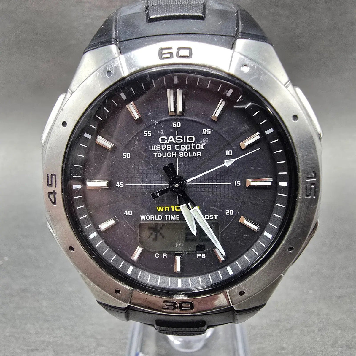 Casio WVA-470 Watch Men 42mm Black Silver Wave Ceptor Alarm Chronograph Round0