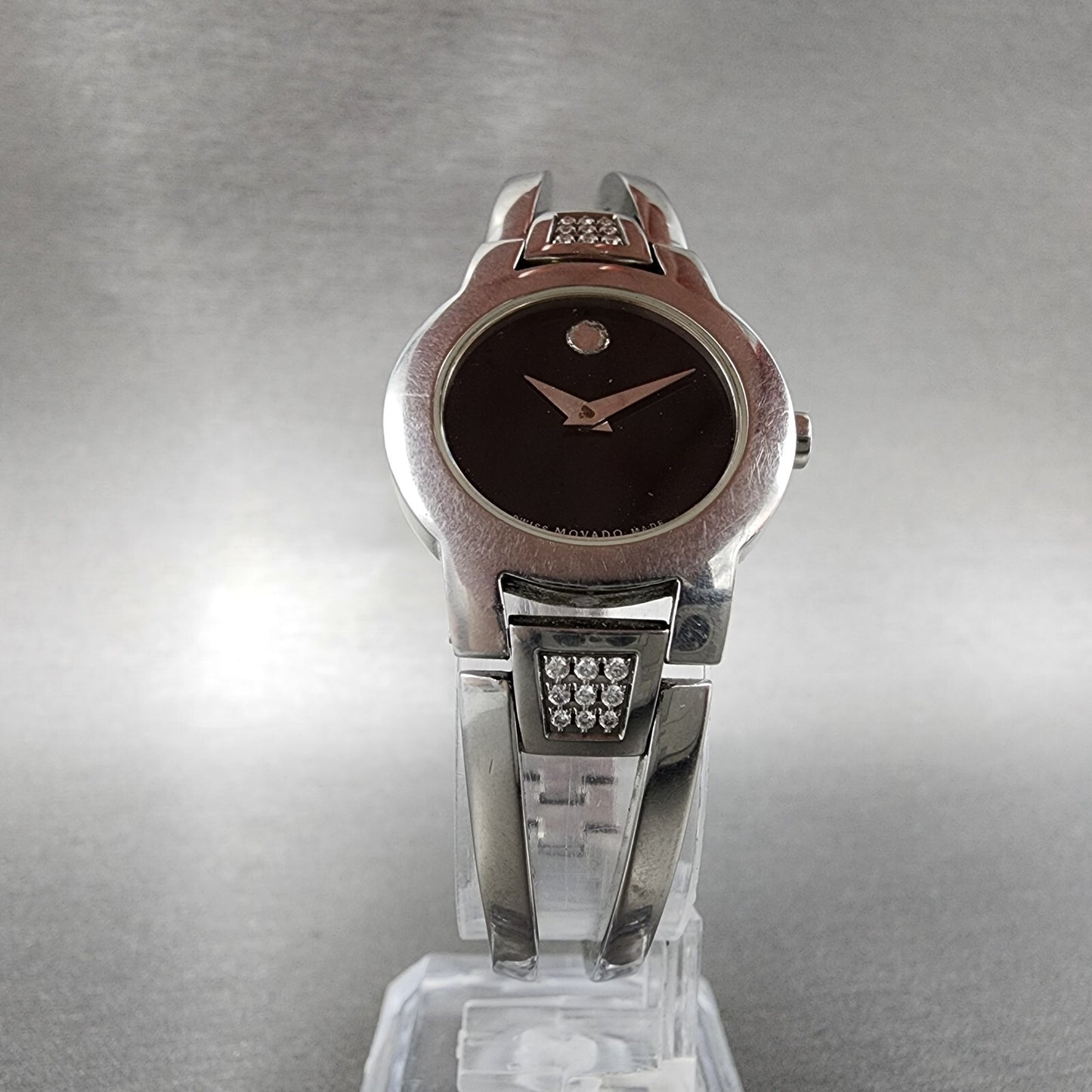 Movado Amorosa Watch Women 24mm Black Dial Steel Diamond Accents New Battery5