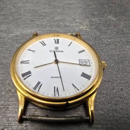 Cyma Watch Men 33mm White Dial Gold Tone Date Round Swiss Vintage PARTS3