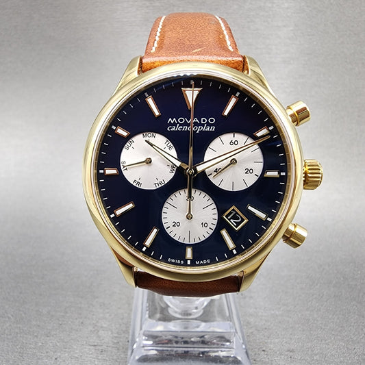 Movado Heritage Calendoplan Watch Men 43mm Blue Dial Gold Tone 36501480