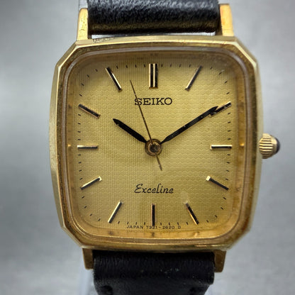 Seiko Exceline Tank Watch Women 20mm Champagne Dial Gold Tone 7321-6570 New Batt1