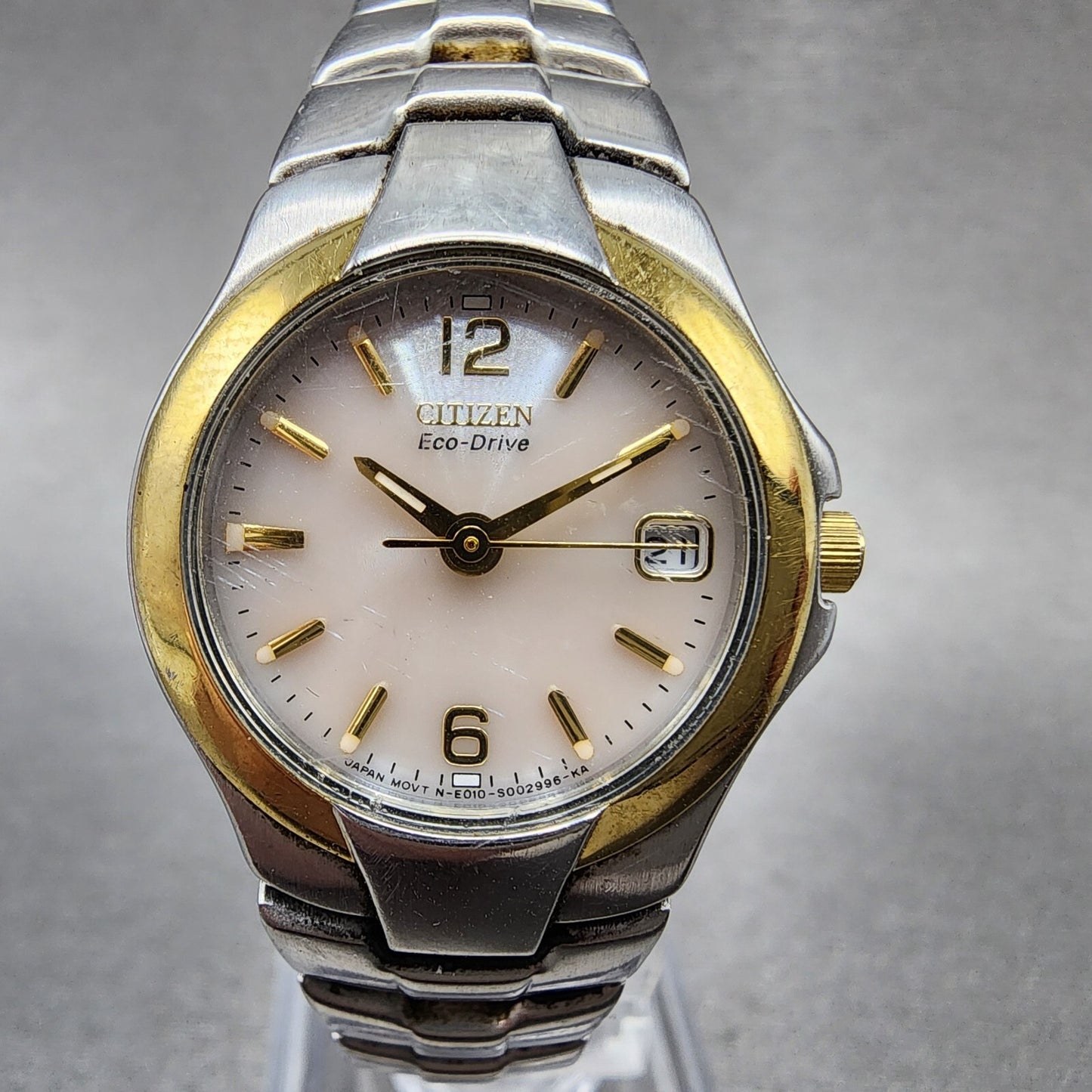 Citizen EcoDrive Watch Women 24mm MOP Dial Two Tone Date Round  E010S0016680