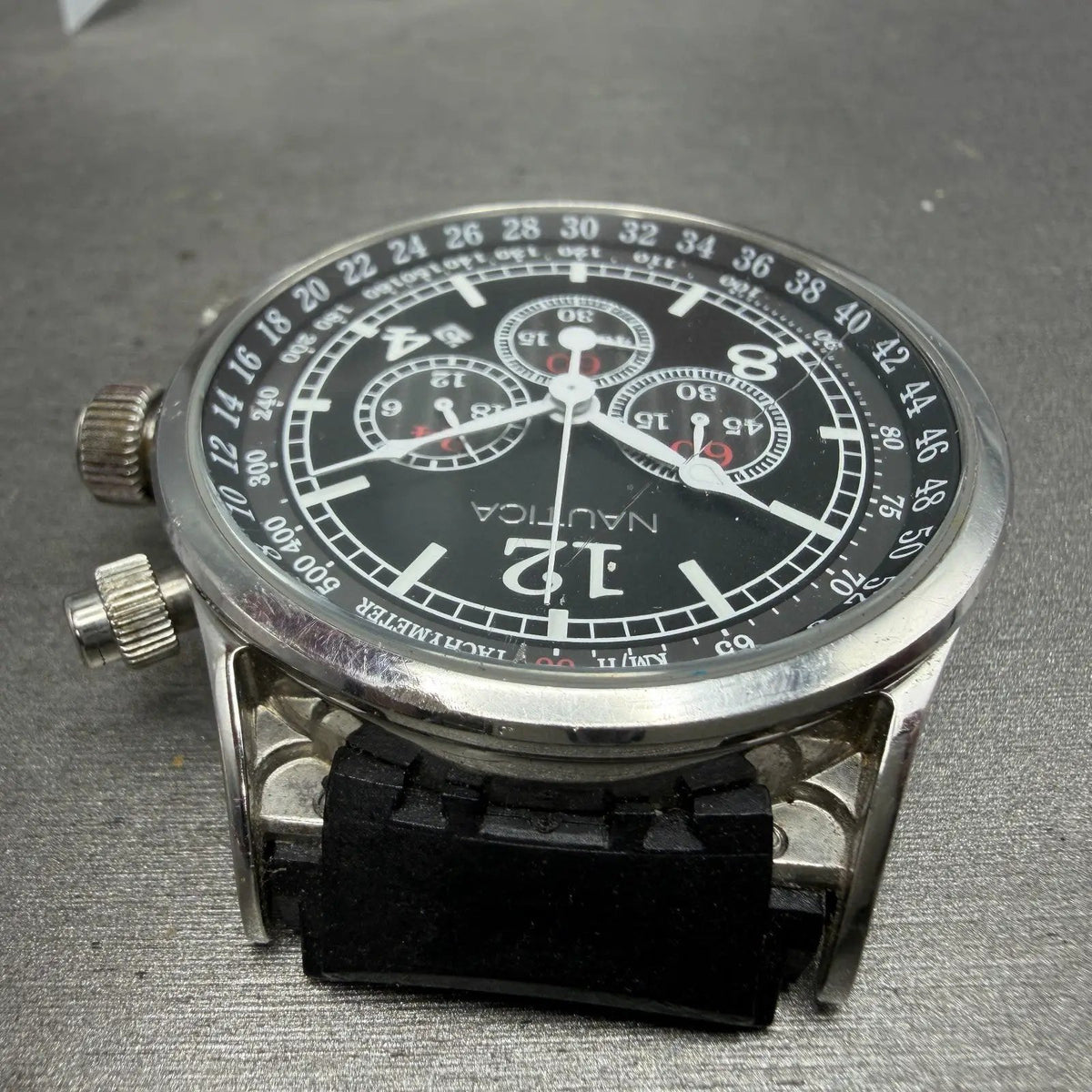 Nautica NSR-01 Chronograph Watch Men 44mm Black Dial Steel Date READ!!! New Batt4