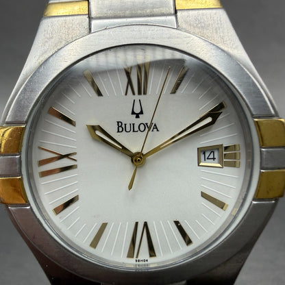 Bulova Watch Men 35mm White Dial Two Tone Date Round 98H04 New Battery1