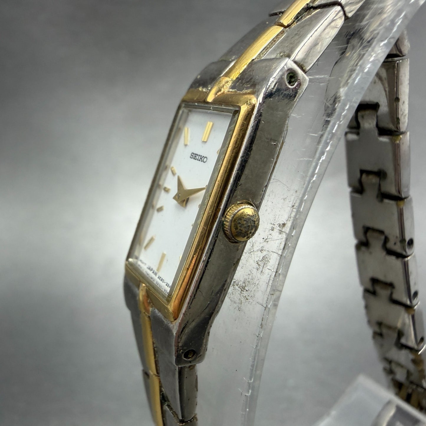 Seiko Watch Women 12mm White Dial Two Tone Rectangle 2E20-7479 New Battery JHK122