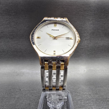 Seiko Pulsar Watch Men 35mm Silver Dial Two Tone Date Round V732-X090 New Batt5