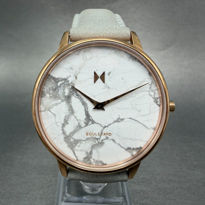 MVMT Boulevard Watch Women 38mm White Stone Dial Rose Gold Leather New Battery A0