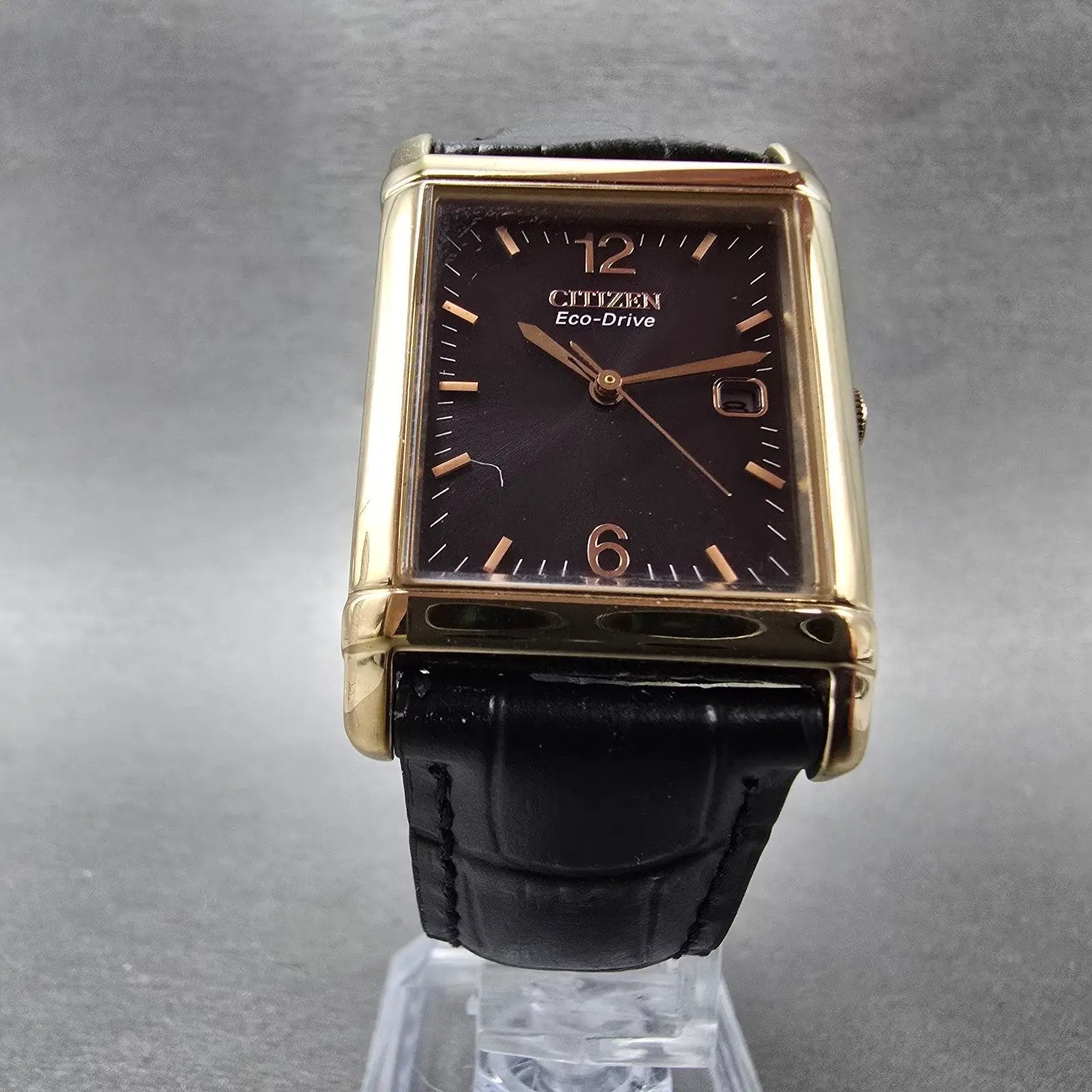 Citizen Eco-Drive Tank Watch Men 25mm Black Dial Rose Gold Tone Date Runs5