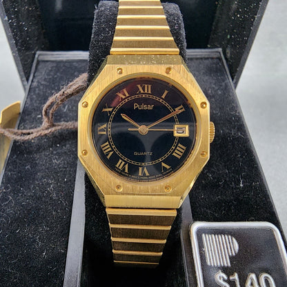 Pulsar Watch Women 24mm Black Dial Gold Tone Date Round Y6420030 New Batt NOS1