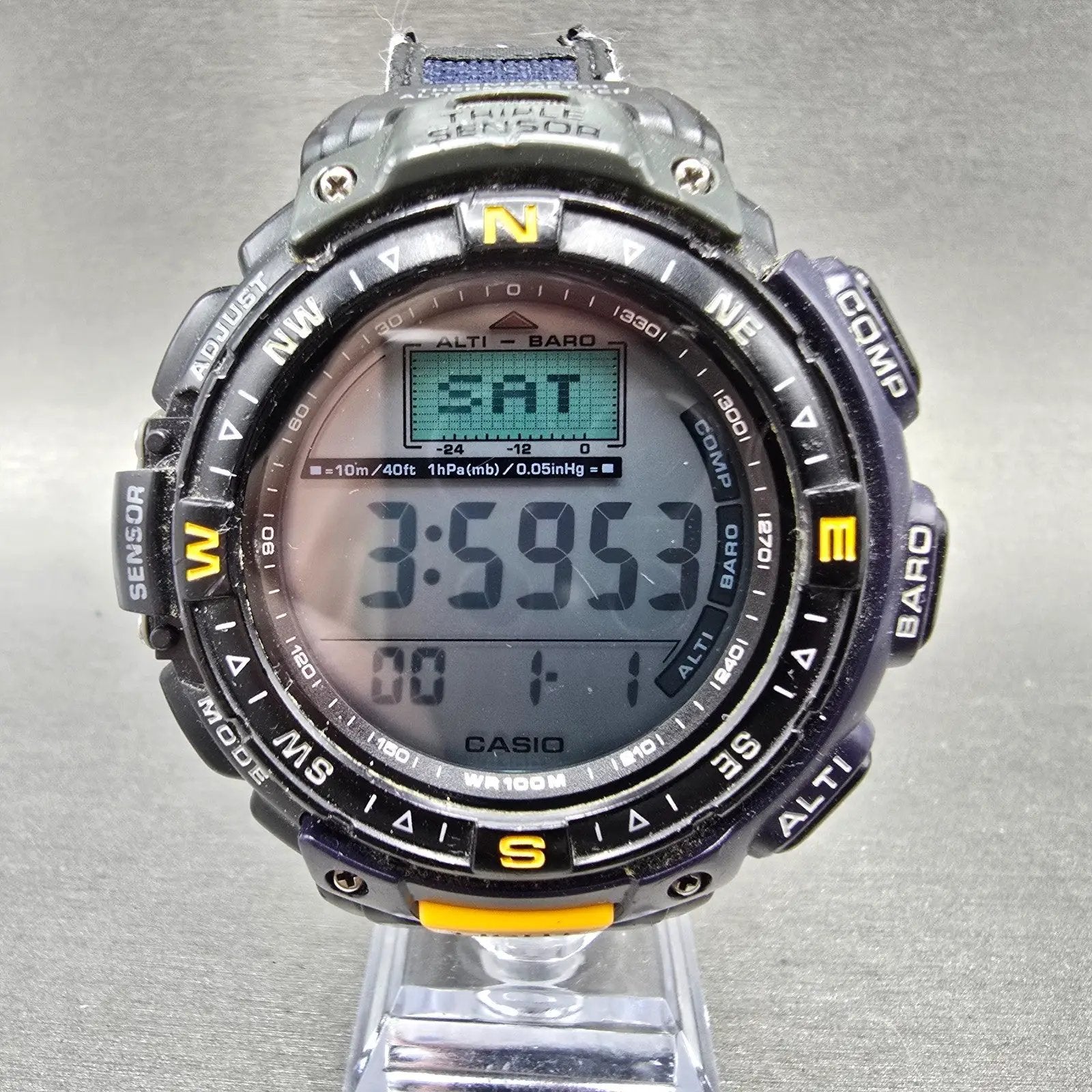 Casio Protrek Watch Men 54mm Blue Triple Sensor Daydate Digital PRG-40 New BattA0