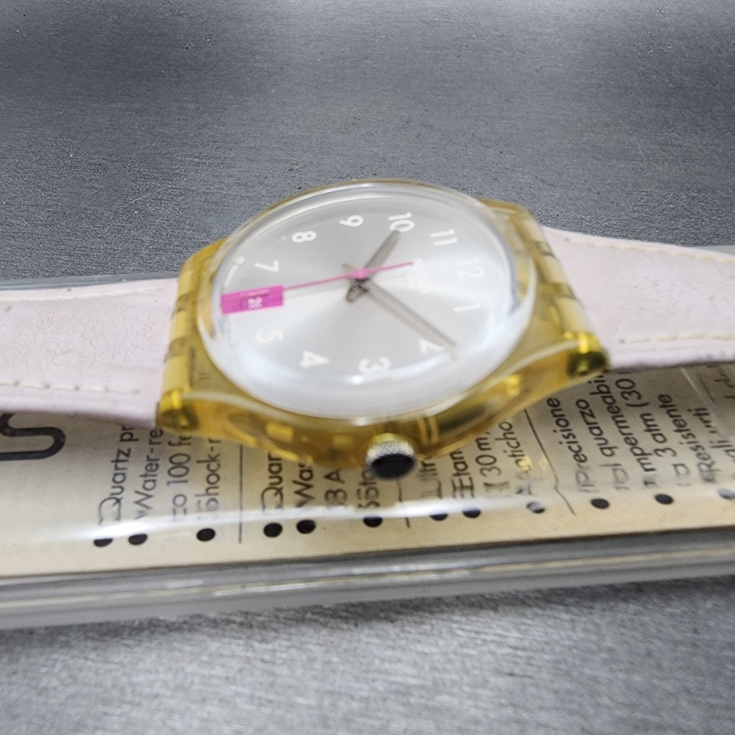 Swatch Pink Lady Watch Women 34mm Silver Dial Clear Date Round GP401 New Battery3