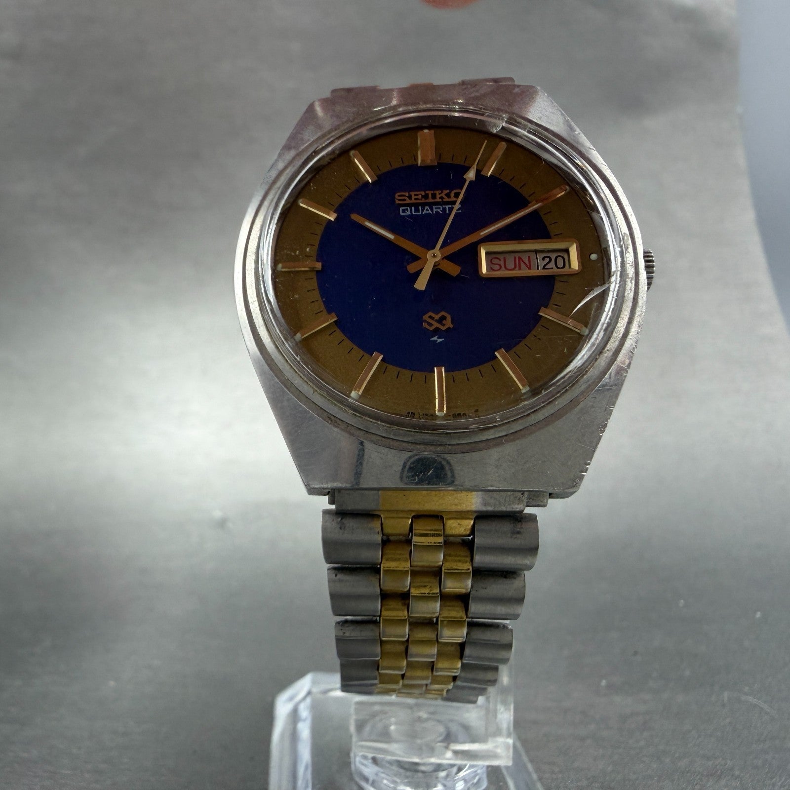 Seiko SQ Watch Men 35mm Blue Dial Two Tone Daydate Round 7123-8450 New Battery5