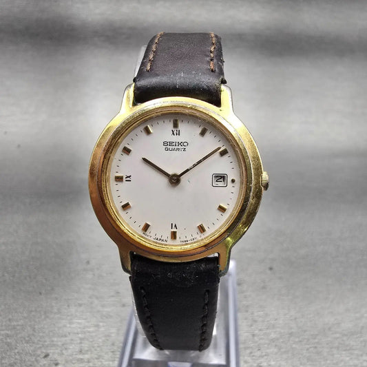 Seiko Watch Women 27mm White Dial Gold Tone Date Round 7N89-0201 New Battery VTG0