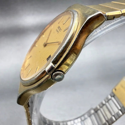Seiko Watch Men 33mm Gold Dial Gold Tone Date Round 7439-7010 New Battery VTG2