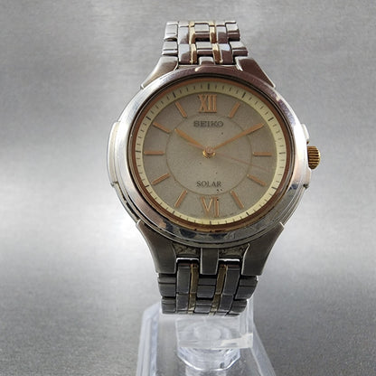 Seiko Solar Watch Men 35mm Champagne Dial Two Tone Round V181-0AK0 Runs