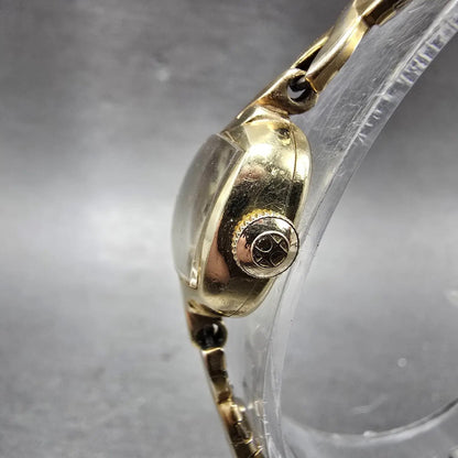 Hamilton Watch Women 14mm Cream Dial 14k Gold Rectangle Manual Wind Runs VTG3