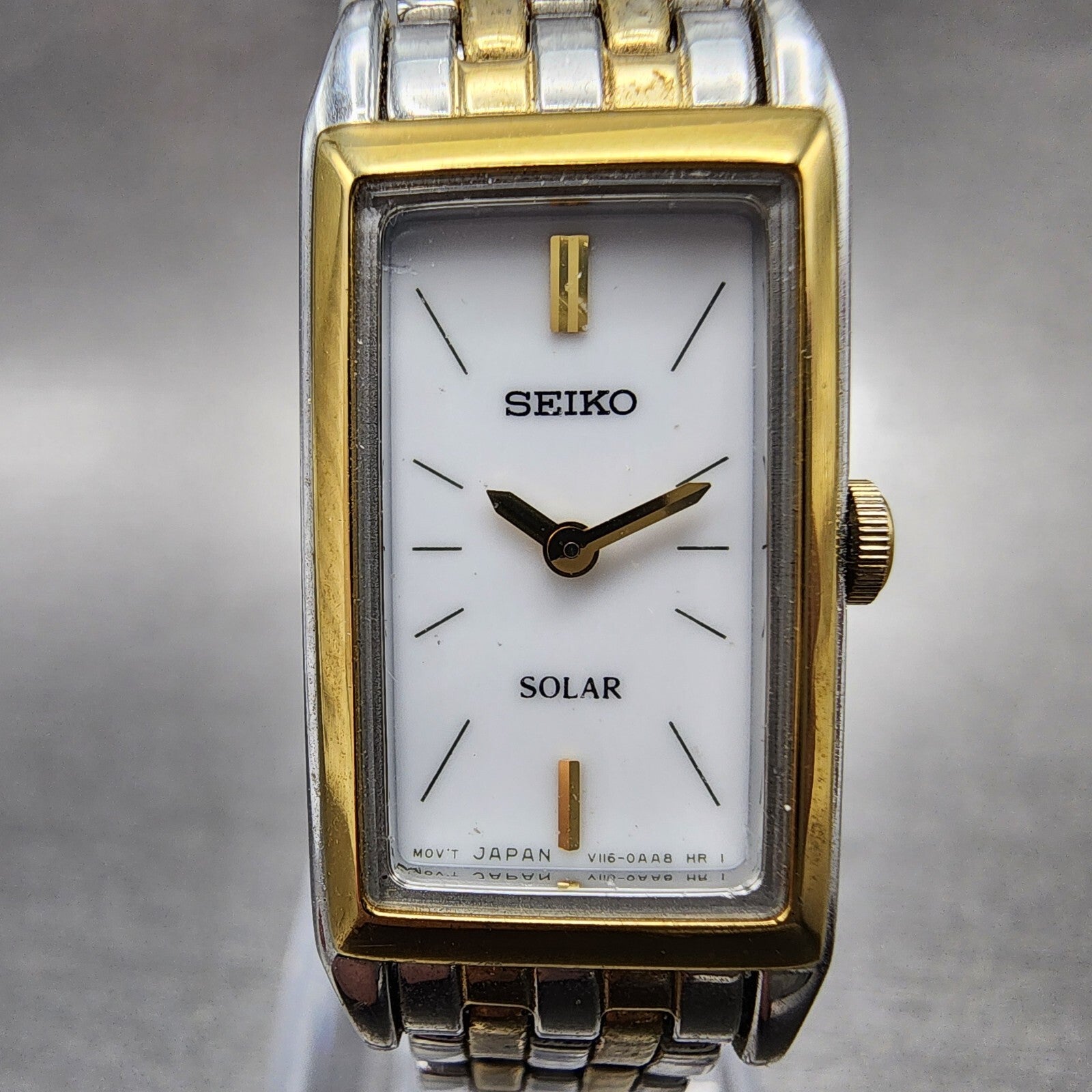 Seiko Solar Tank Watch Women 16mm White Dial Two Tone Rectangle V1160AA0 Runs1