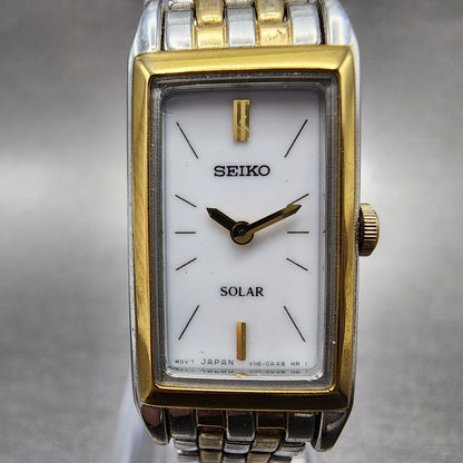 Seiko Solar Tank Watch Women 16mm White Dial Two Tone Rectangle V1160AA0 Runs1
