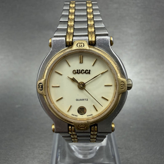 Gucci 9000L Watch Women 25mm Cream Dial Two Tone Date Vintage Round PARTS0