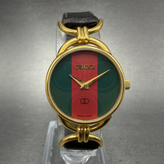 Gucci 6000L Watch Women 23mm Red & Green Dial Gold Plated READ!!! Leather NewBat0