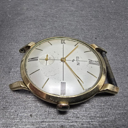 Elgin Watch Men 32mm Silver Dial 10K Gold Plated Manual Wind Cal 712 READ!! RUNS5