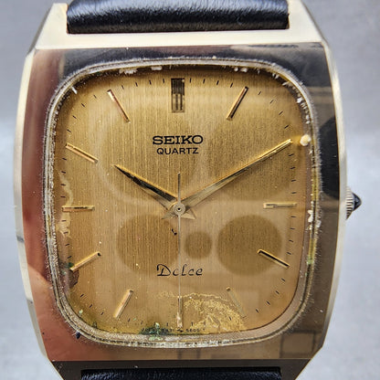 Seiko Dolce Tank Watch Men 30mm Gold Dial Gold Tone Rectangle 59315341 New Batt1