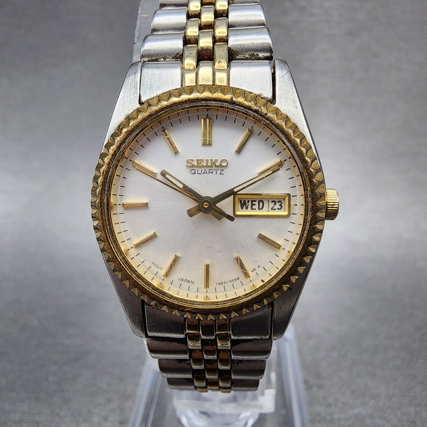 Seiko Watch Women 24mm White Dial Two Tone Daydate Round 7N830041 New Batt VTG0