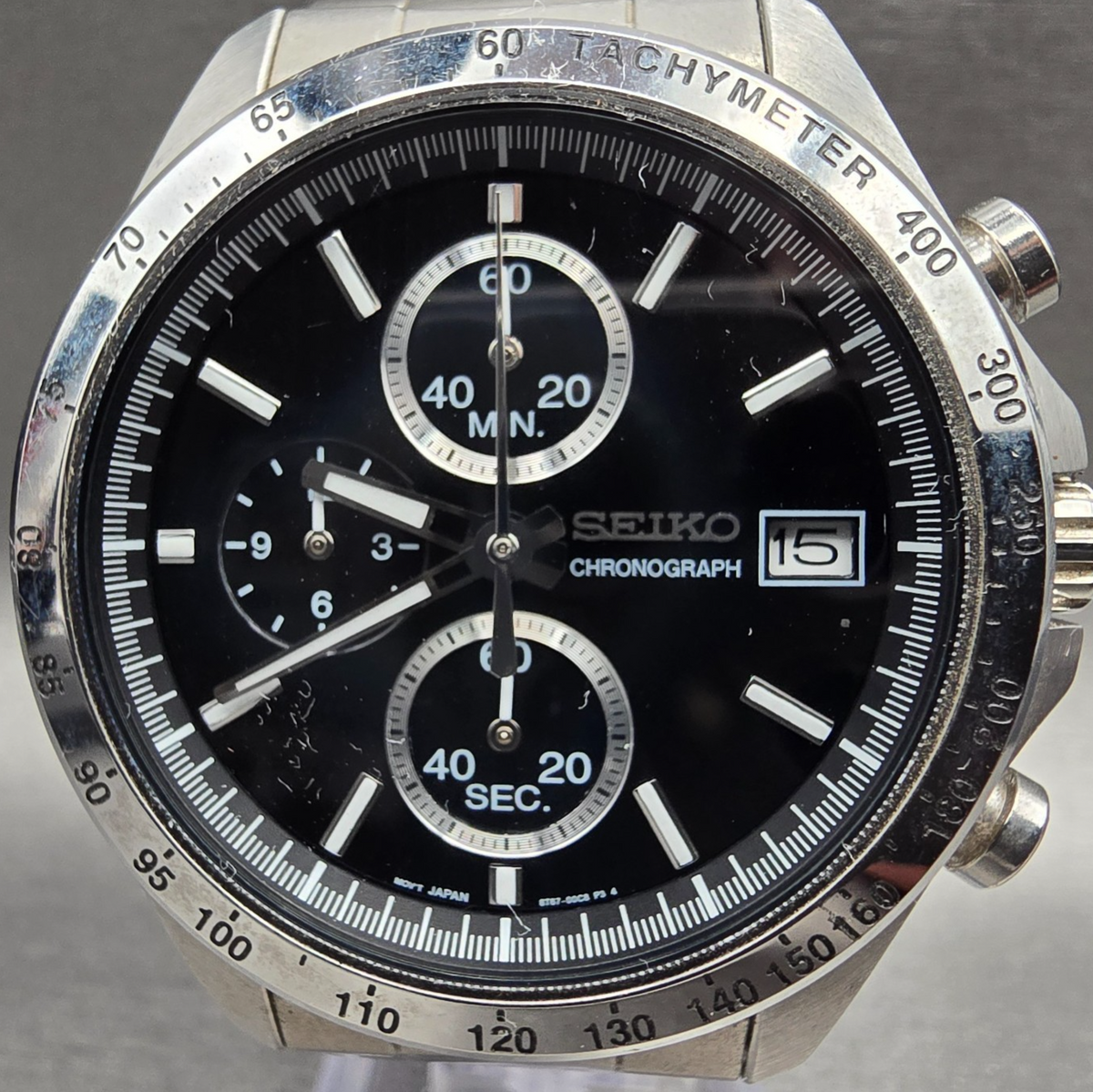Seiko Chronograph Watch Men 40mm Black Dial Silver Date 8T67-00C0 New Batt JDM1