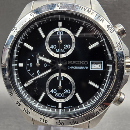 Seiko Chronograph Watch Men 40mm Black Dial Silver Date 8T67-00C0 New Batt JDM1