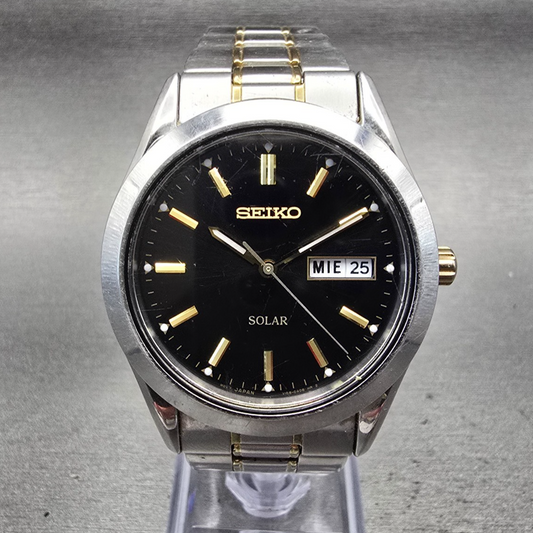 Seiko Solar Watch Men 37mm Black Dial Silver Tone Daydate Round V158-0AB0 WorksF0