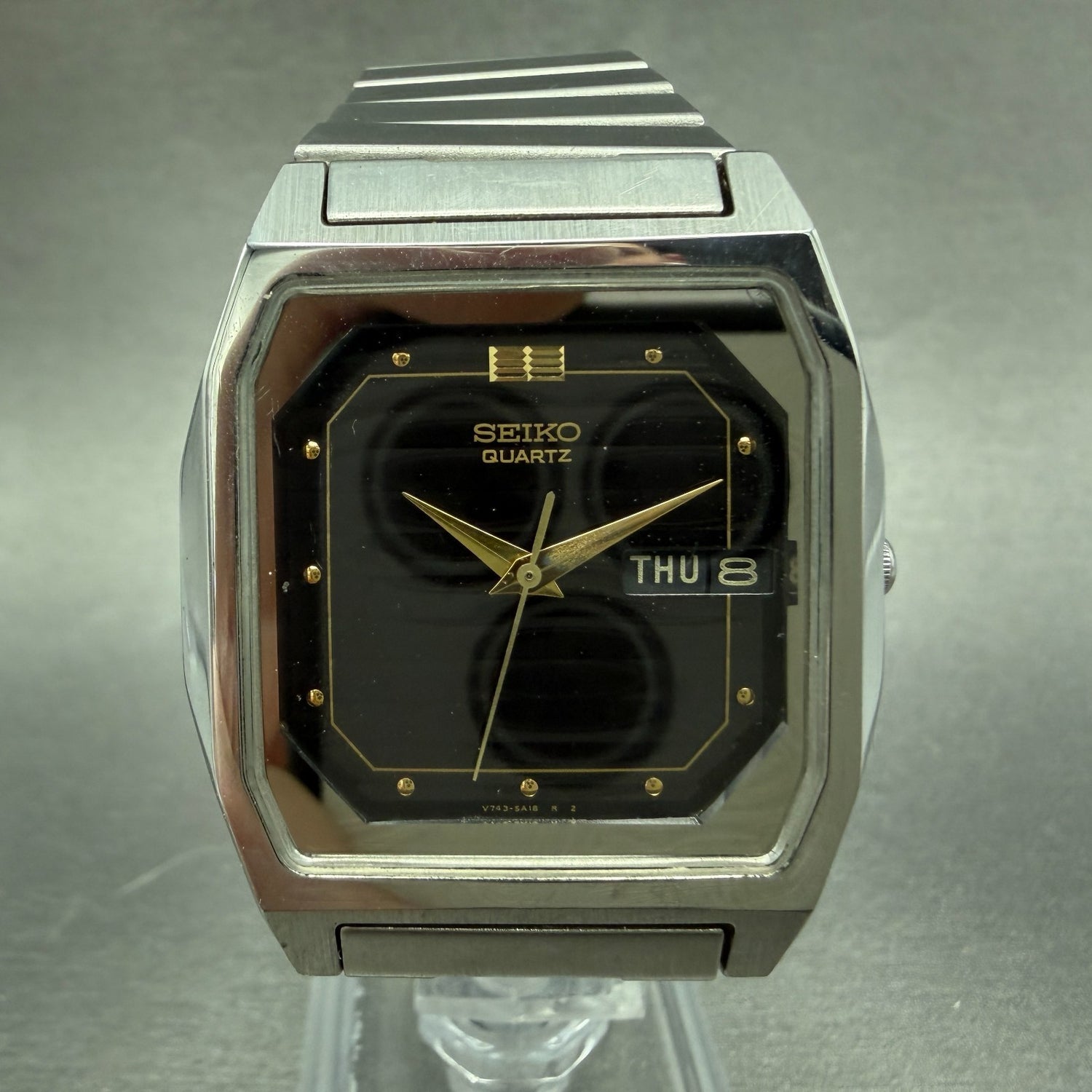 Seiko Tank Watch Men 33mm Black Dial Silver Tone Daydate V743-5A00 New Battery 10