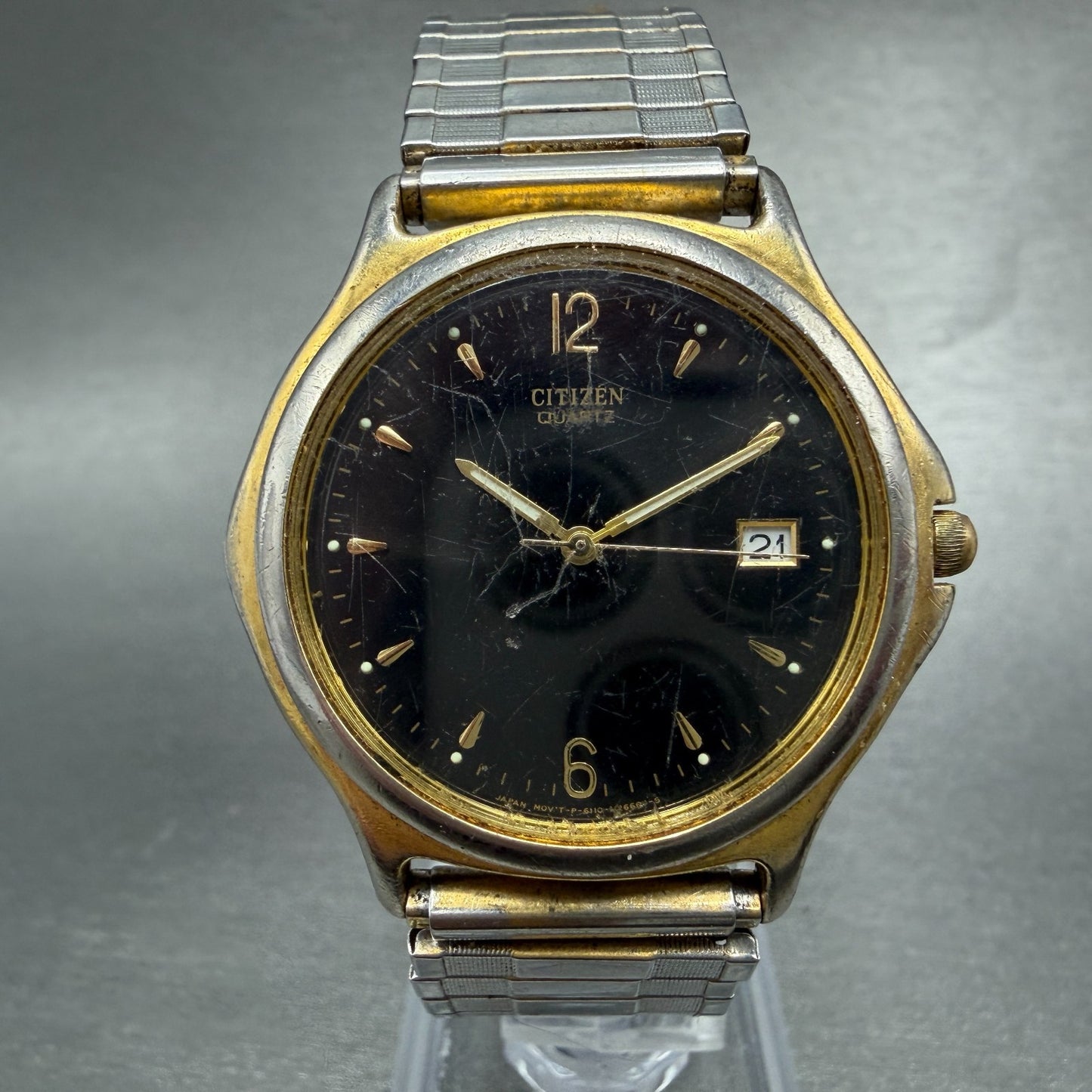 Citizen Watch Men 35mm Black Dial Gold Tone Date Round 6110-S42076 New Battery0