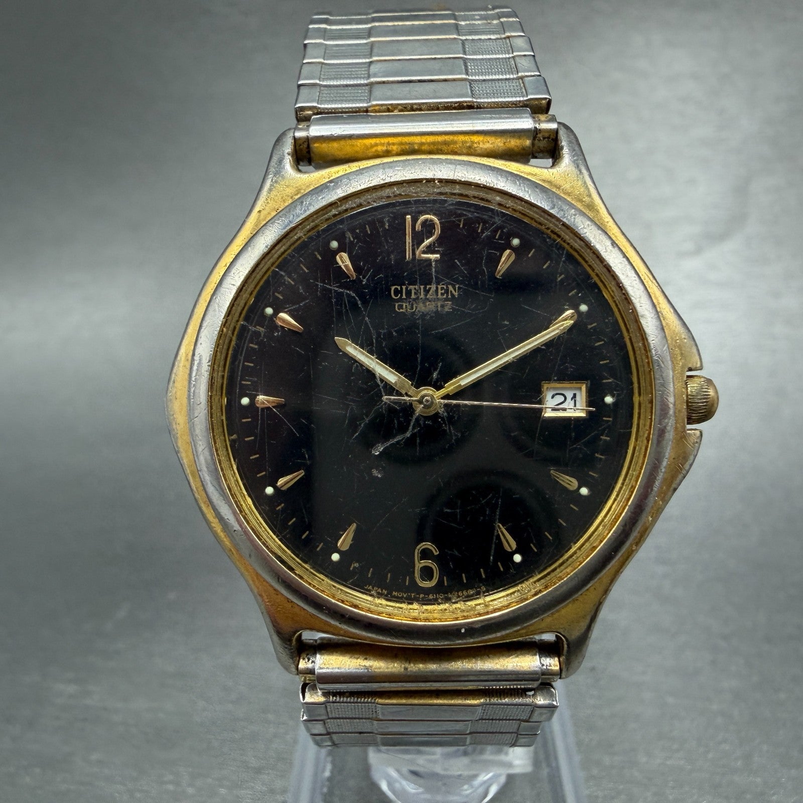 Citizen Watch Men 35mm Black Dial Gold Tone Date Round 6110-S42076 New Battery0
