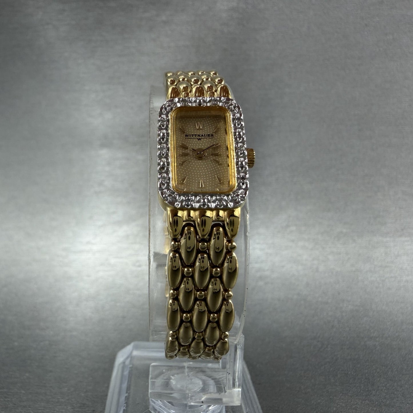 Wittnauer Tank Watch Women 13mm Gold Dial Gold Tone Crystal Bezel New Battery5