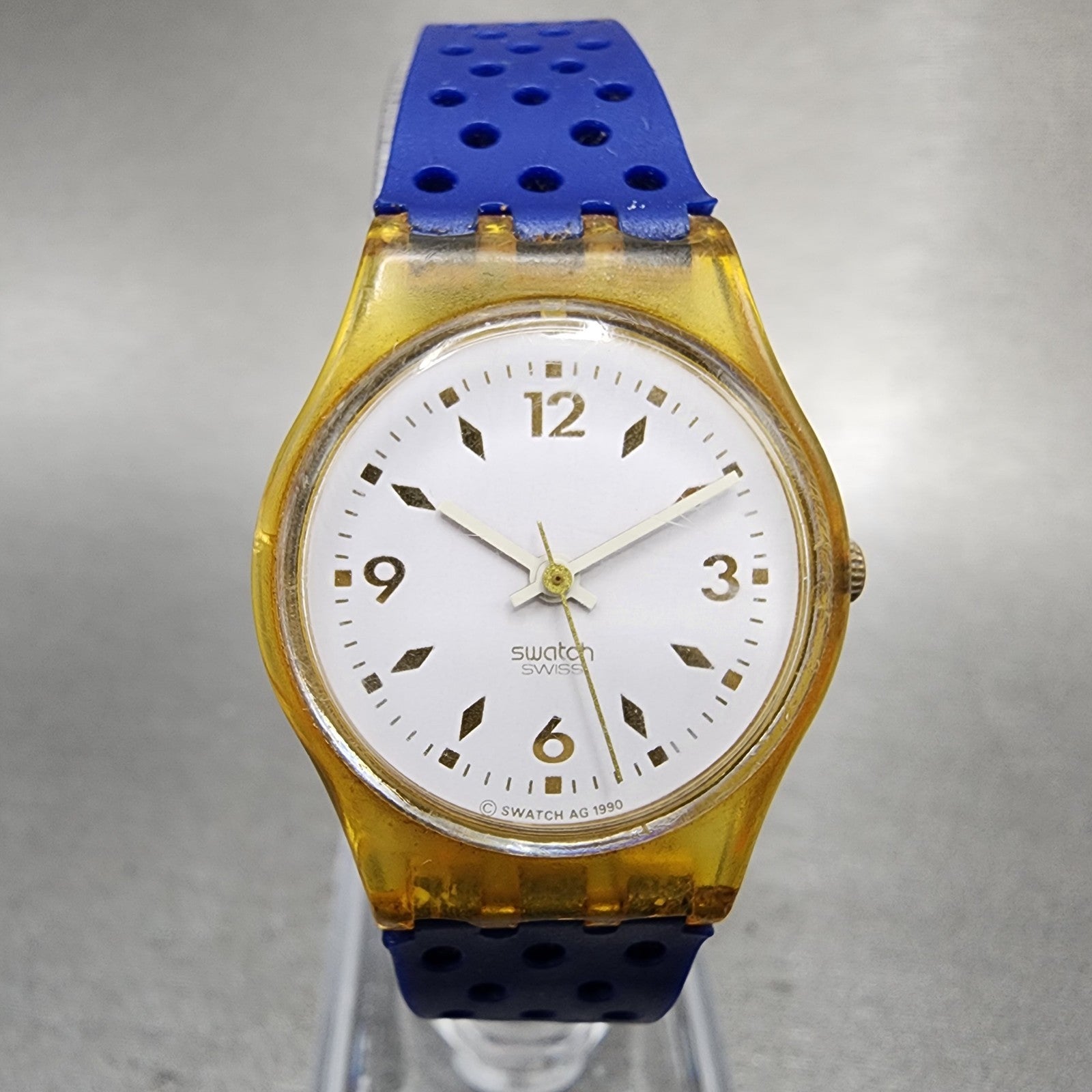 Swatch Gold Bride Watch Women 25mm White Dial Clear Case Round LK123 New Battery0