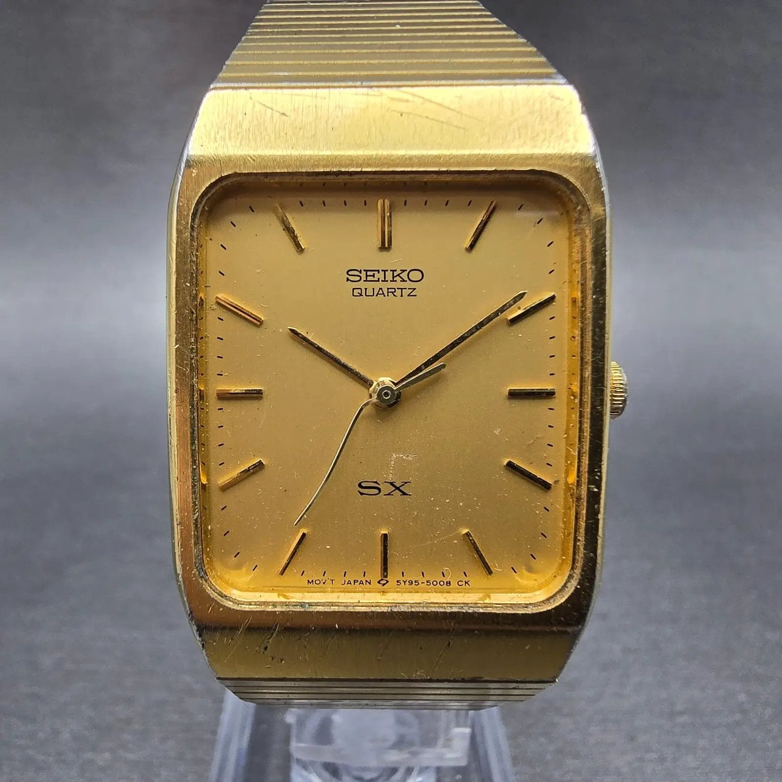Seiko SX Tank Watch Men 26mm Champagne Dial Gold Tone Rectangle 5Y95-5009 PARTS0