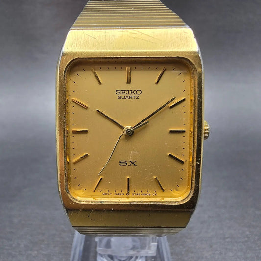 Seiko SX Tank Watch Men 26mm Champagne Dial Gold Tone Rectangle 5Y95-5009 PARTS0