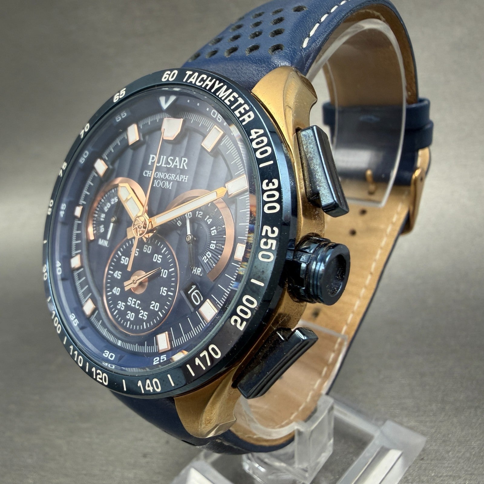 Pulsar Chronograph Watch Men 44mm Blue Dial Rose Gold Tone Date VK63-X001 Newbat2
